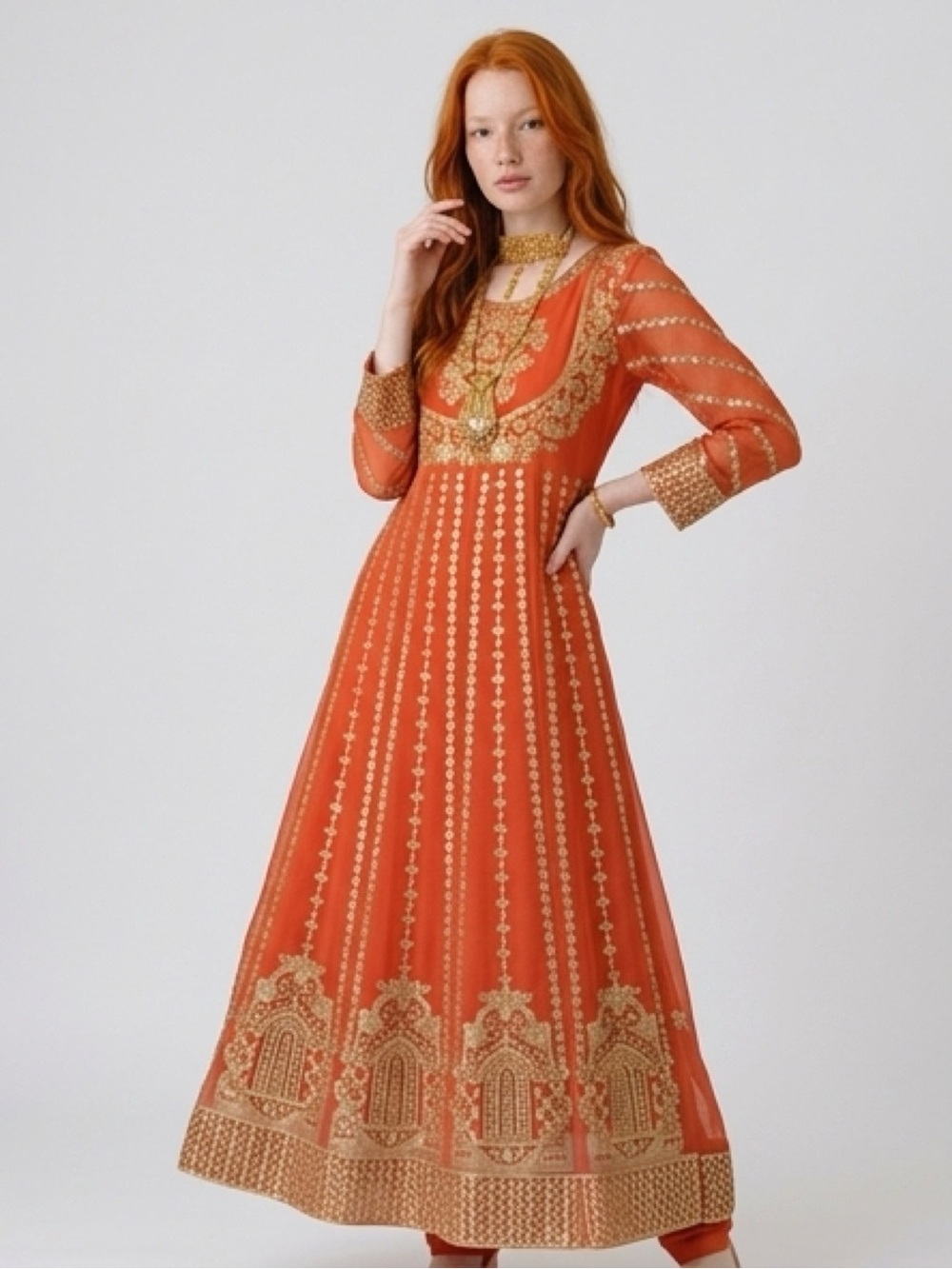 Elegant Burnt Orange and Gold Embroidered Dress